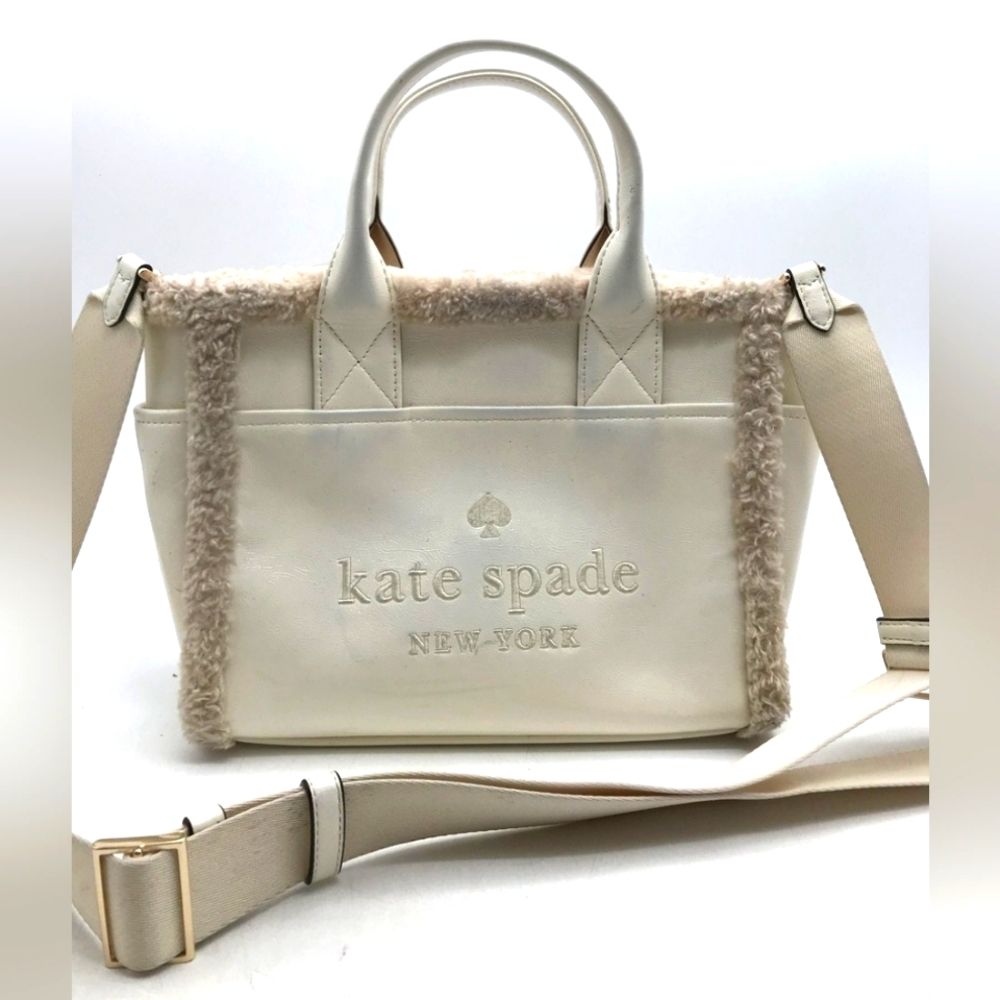 Kate Spade White Tan Jett Faux Fur Shearling Small Tote Purse Crossbody Bag - Picture 6 of 12